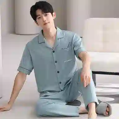 夏芬妍 简约舒适纯色纯棉翻领家居服亲肤宽松休闲短袖短裤长裤三件套时尚可外穿睡衣套装 男款 青蓝色