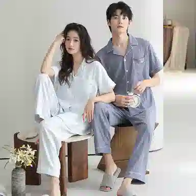 夏芬妍 柔软舒适纯色云朵棉时尚翻领开衫家居服休闲亲肤可外穿短袖长裤睡衣套装 男女同款