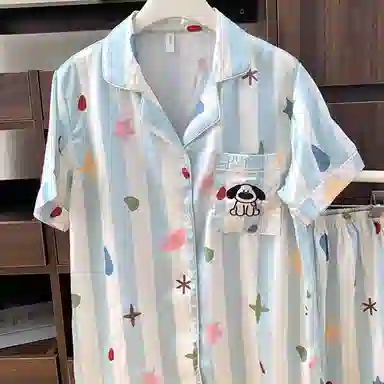 夏芬妍 甜美休闲舒适条纹星星小狗冰丝家居服亲肤宽松短袖短裤长裤时尚可外穿睡衣套装 女款