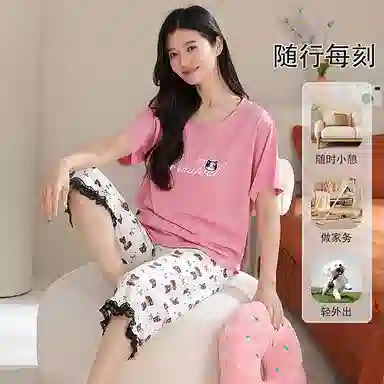 夏芬妍 简约大方柔软蝴蝶结猫咪圆领家居服亲肤休闲舒适短袖七分裤可外穿睡衣套装 女款 粉色