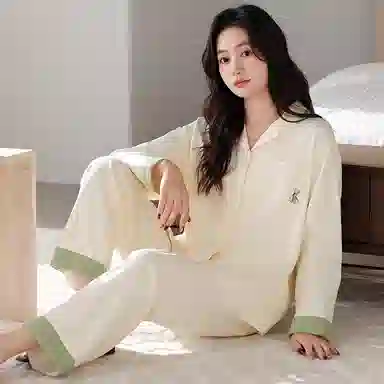 夏芬妍 休闲舒适高级感刺绣口袋经典翻领开衫家居服宽松柔软亲肤长袖长裤可外穿睡衣套装 女款 浅黄色