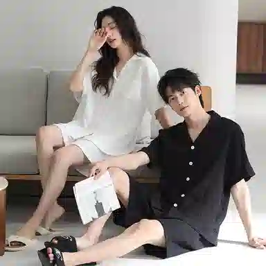 夏芬妍 休闲舒适纯色双层纱婴儿棉翻领开衫家居服柔软亲肤时尚可外穿短袖短裤睡衣套装 男女同款