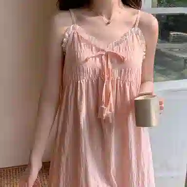 夏芬妍 甜美可爱少女粉蕾丝边蝴蝶结吊带家居服舒适柔软休闲带胸垫可外穿睡裙 女款