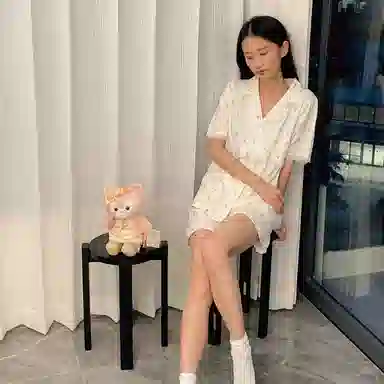 夏芬妍 甜美柔软舒适郁金香蕾丝花边云朵棉翻领家居服亲肤休闲短袖三件套时尚可外穿睡衣套装 女款 杏色