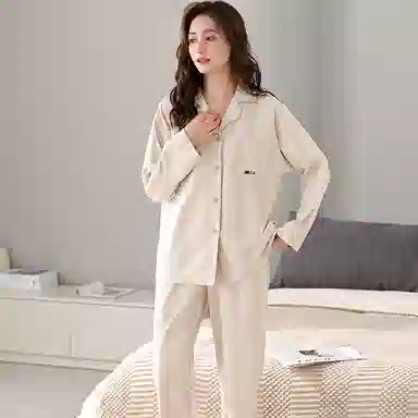 夏芬妍 亲肤舒适条纹贴袋翻领纯棉家居服简约休闲宽松长袖长裤可外穿睡衣套装 女款 杏色