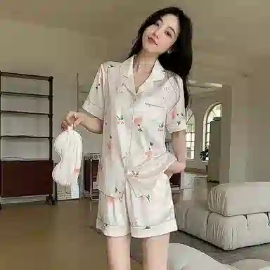 夏芬妍 裸感丝滑舒适柔软芍药花翻领冰丝短袖短裤简约可外穿家居服睡衣套装 女款 杏色