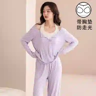 夏芬妍 时尚舒适柔软甜美假两件小爱心带胸垫家居服简约休闲亲肤宽松长袖长裤可外穿睡衣套装 女款 紫色