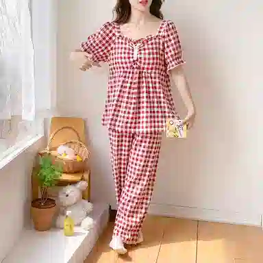 夏芬妍 甜美公主风复古格子云朵棉带胸垫短袖长裤家居服可爱舒适休闲可外穿睡衣套装 女款 红色