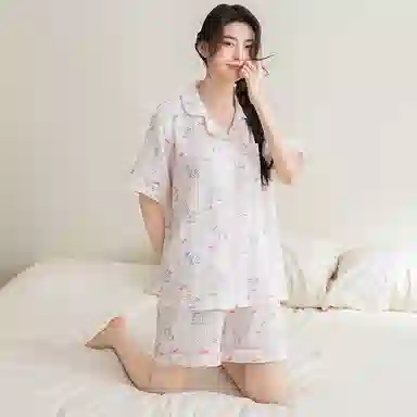 夏芬妍 甜美可爱卡通婴儿棉双层纱翻领短袖短裤家居服简约休闲可外穿睡衣套装 女款