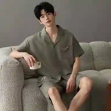 夏芬妍 简约舒适柔软字母提花云朵棉翻领开衫家居服亲肤休闲短袖短裤时尚可外穿睡衣套装 男款 橄榄绿