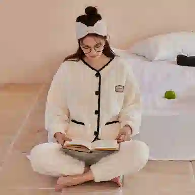 夏芬妍 休闲舒适宽松时尚贴袋开衫家居服加绒加厚保暖蓄温长袖长裤可外穿秋冬款睡衣套装 女款 杏色