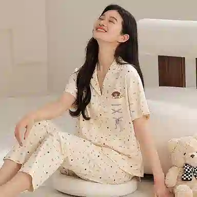夏芬妍 时尚柔软亲肤波点绑绳翻领开衫家居服简约休闲舒适短袖长裤可外穿睡衣套装 女款 米黄色