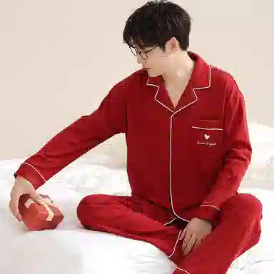 夏芬妍 亲肤舒适爱心贴袋翻领纯棉家居服简约休闲长袖长裤可外穿喜庆本命年睡衣套装 男款 红色