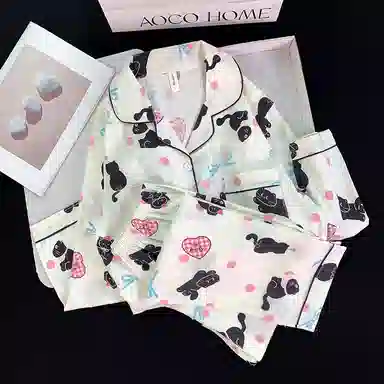 夏芬妍 柔软舒适爱心猫咪云朵棉开衫家居服亲肤休闲长袖长裤可外穿春秋款睡衣套装 女款 杏色