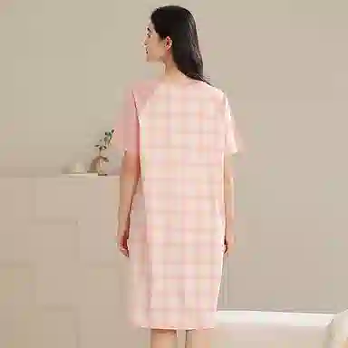夏芬妍 时尚柔软亲肤经典格子圆领家居服简约休闲舒适短袖睡衣可外穿睡裙 女款 粉色