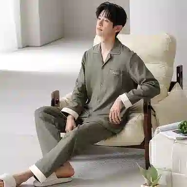 夏芬妍 时尚简约休闲纯色翻领家居服亲肤舒适长袖长裤可外穿睡衣套装 男款 绿色
