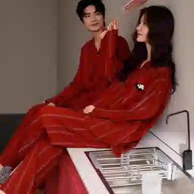 夏芬妍 柔软亲肤舒适条纹可爱熊猫喜庆翻领开衫家居服简约休闲长袖长裤可外穿睡衣套装 男女同款 红色
