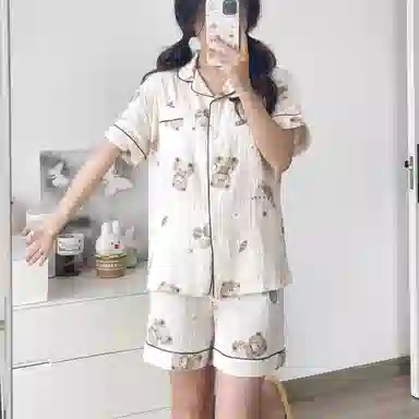 夏芬妍 甜美休闲舒适时尚气球小熊双层棉纱翻领家居服亲肤宽松短袖短裤可外穿睡衣套装 女款 杏色