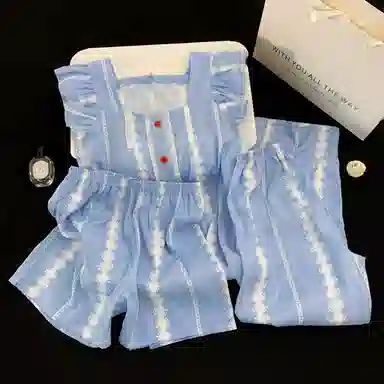 夏芬妍 甜美少女风蕾丝条纹小飞袖家居服舒适柔软休闲带胸垫三件套可外穿睡衣套装 女款