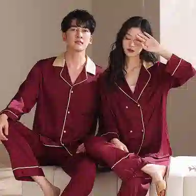 夏芬妍 大红喜庆系列  舒适丝滑柔软结婚本命年翻领丝绸冰丝家居服休闲长袖短袖长裤可外穿睡衣套装 男女同款