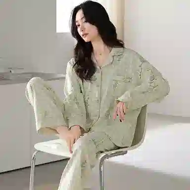 夏芬妍 休闲舒适简约高级感花卉千鸟格满印经典翻领开衫家居服宽松柔软亲肤长袖长裤可外穿睡衣套装 女款 浅绿色
