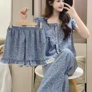 夏芬妍  甜美少女风碎花满印背心家居服舒适柔软休闲带胸垫三件套可外穿睡衣套装 女款