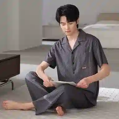 夏芬妍 简约时尚大方柔软舒适规则纹理翻领家居服亲肤休闲短袖长裤可外穿睡衣套装 男款 棕色
