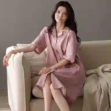 夏芬妍 简约亲肤开衫舒适休闲翻领时尚短袖睡裙 女款 粉色