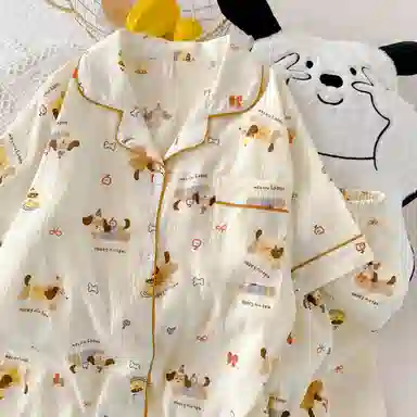 夏芬妍 柔软舒适欢乐腊肠狗云朵棉翻领开衫家居服亲肤休闲短袖短裤可外穿睡衣套装 女款 杏色