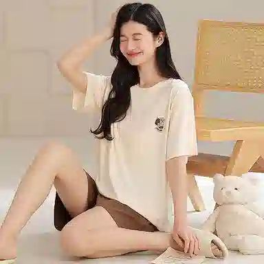 夏芬妍 时尚柔软亲肤纯色圆领家居服简约休闲舒适短袖短裤可外穿睡衣套装 女款 米黄色