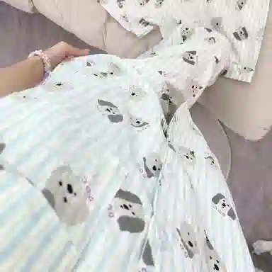 夏芬妍 柔软舒适条纹萌狗云朵棉翻领开衫家居服亲肤休闲短袖三件套时尚可外穿睡衣套装 女款 蓝色