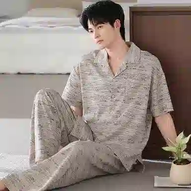 夏芬妍 简约时尚大方柔软舒适横条纹翻领家居服亲肤休闲短袖长裤可外穿睡衣套装 男款 浅棕色