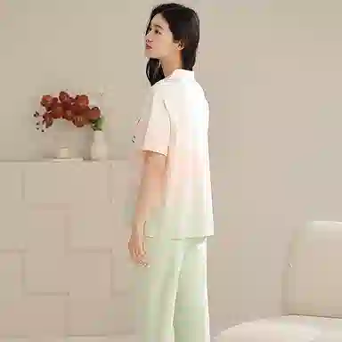 夏芬妍 时尚柔软亲肤爱心渐变色翻领开衫家居服简约休闲舒适短袖长裤可外穿睡衣套装 女款 渐变绿