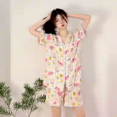 夏芬妍 柔软舒适卡通游乐小象云朵棉翻领开衫家居服亲肤休闲短袖三件套时尚可外穿夏季睡衣套装 女款