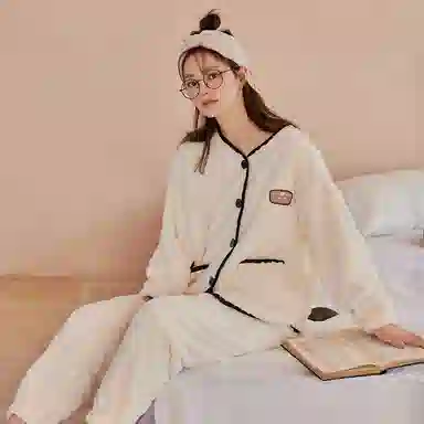 夏芬妍 休闲舒适宽松时尚贴袋开衫家居服加绒加厚保暖蓄温长袖长裤可外穿秋冬款睡衣套装 女款 杏色
