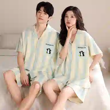 夏芬妍 简约舒适柔软条纹卡通英文纯棉翻领家居服透气亲肤宽松短袖短裤可外穿睡衣套装 男女同款