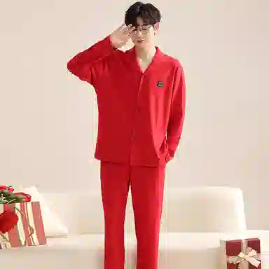 夏芬妍 亲肤舒适纯色翻领纯棉家居服简约休闲长袖长裤可外穿喜庆本命年睡衣套装 男款 红色