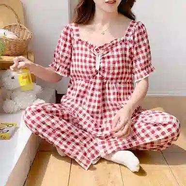 夏芬妍 甜美公主风复古格子云朵棉带胸垫短袖长裤家居服可爱舒适休闲可外穿睡衣套装 女款 红色