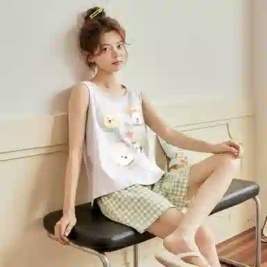 夏芬妍 简约舒适甜美卡通小狗休闲亲肤短袖格子短裤时尚可外穿圆领带胸垫家居服 睡衣套装 女款