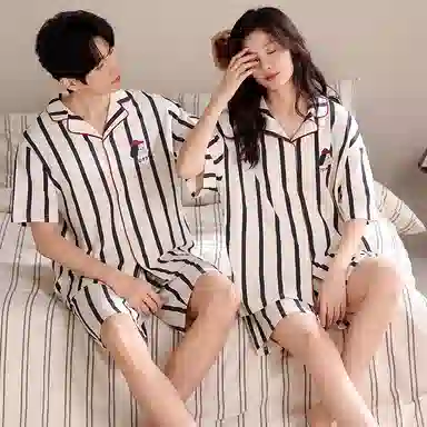 夏芬妍 简约舒适柔软条纹纯棉翻领家居服透气亲肤宽松短袖短裤可外穿睡衣套装 男女同款 杏色