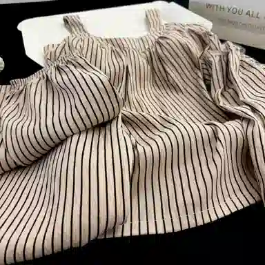 夏芬妍 简约韩式风气质条纹吊带家居服舒适柔软休闲带胸垫三件套可外穿睡衣套装 女款