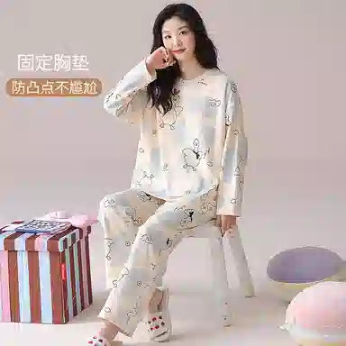 夏芬妍 时尚简约休闲快乐鸭鸭满印带胸垫圆领亲肤舒适长袖长裤可外穿睡衣套装 女款 杏色
