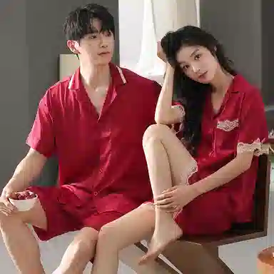 夏芬妍 大红喜庆系列  舒适丝滑柔软结婚本命年翻领冰丝家居服休闲长袖长裤短袖短裤可外穿睡衣套装 男女同款