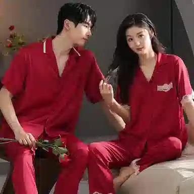 夏芬妍 大红喜庆系列  舒适丝滑柔软结婚本命年翻领冰丝家居服休闲长袖长裤短袖短裤可外穿睡衣套装 男女同款