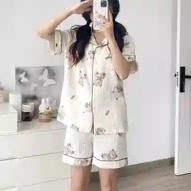 夏芬妍 甜美休闲舒适时尚气球小熊双层棉纱翻领家居服亲肤宽松短袖短裤可外穿睡衣套装 女款 杏色