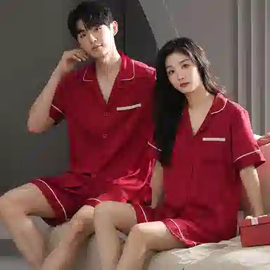 夏芬妍 大红喜庆系列  柔软舒适丝滑结婚本命年翻领冰丝家居服休闲长袖长裤短袖短裤可外穿睡衣套装 男女同款