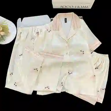 夏芬妍 简约休闲高级感法斗冰丝翻领带胸垫家居服舒适亲肤宽松长袖长裤可外穿睡衣套装 女款 杏色