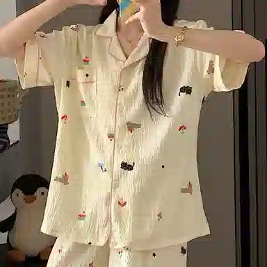 夏芬妍  可爱卡通格子小狗翻领云朵棉短袖短裤家居服柔软舒适休闲可外穿夏季睡衣套装 女款