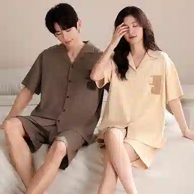 夏芬妍 简约柔软舒适纯色小猫贴袋纯棉翻领家居服透气亲肤宽松短袖短裤可外穿睡衣套装 男女同款
