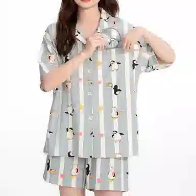 夏芬妍 甜美休闲舒适时尚条纹企鹅纯棉翻领家居服亲肤宽松短袖短裤可外穿睡衣套装 女款 蓝色